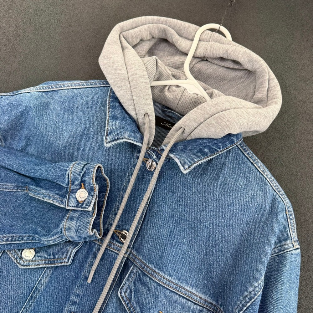 Mavi Denim Hooded Trucker Jacket Medium Wash Blue Grey Waffle Hood Mens XL